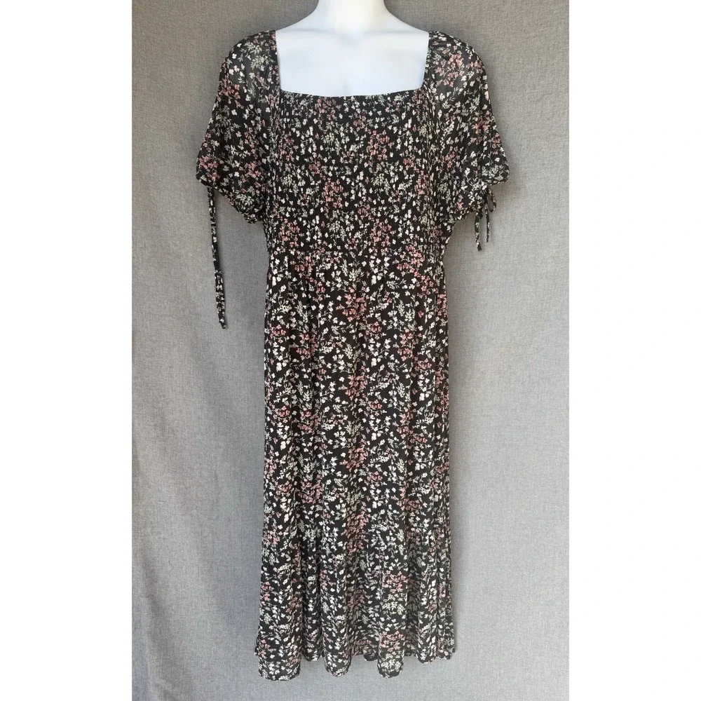 Ember Short‎ Tie Sleeve Midi Dress Plus Sz 3X  Black White Floral Print Smocked